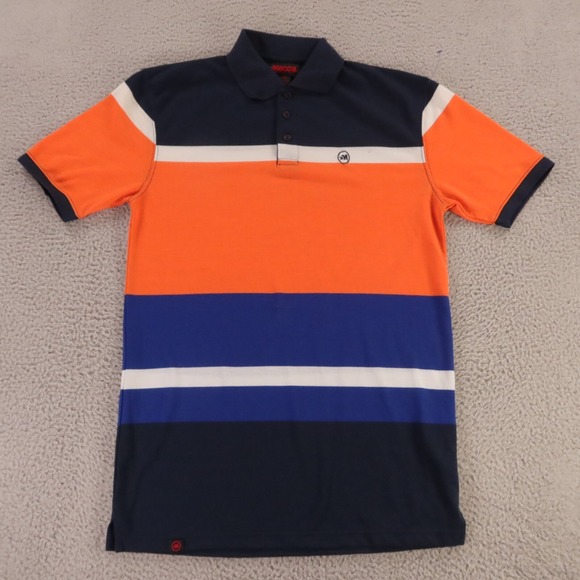 Mecca‎ Polo Shirt Mens Medium Blue Orange Polyester Cotton Color Block* - Picture 1 of 12